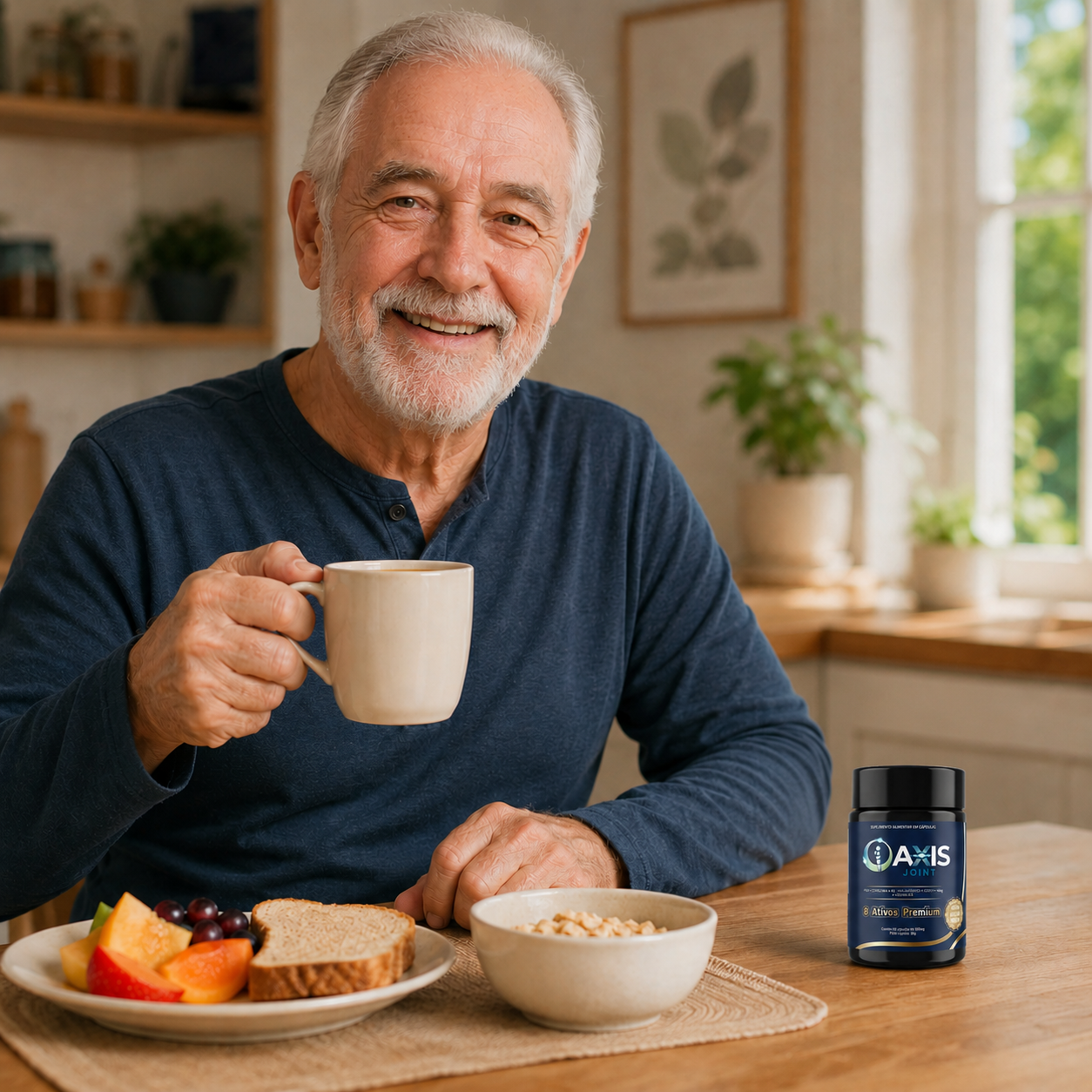 Senhor sorridente tomando café da manhã com o frasco do Axis Joint